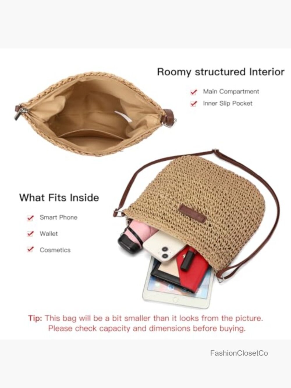 Straw Beach Bag Small Woven Crossbody Summer Mesh Hollow Purse Shoulder Bag - Picture 4 of 7